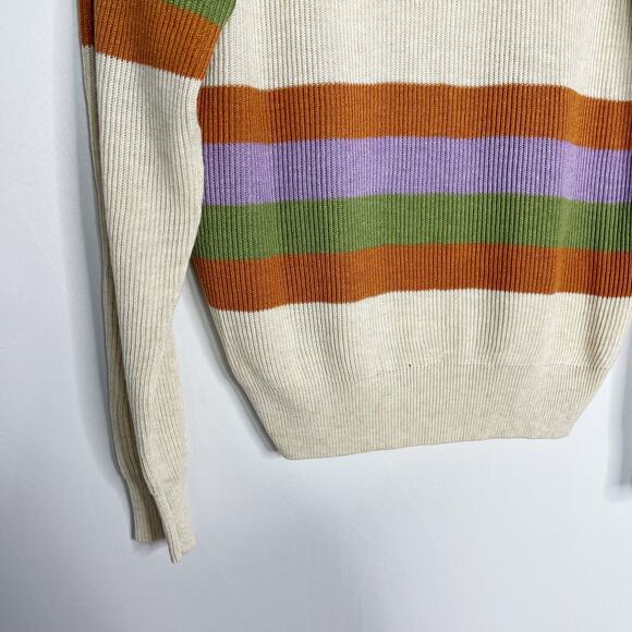 New Gilli Large Cream Orange Green Striped Ribbed Knit Sweater Crew Neck Purple - Picture 5 of 12